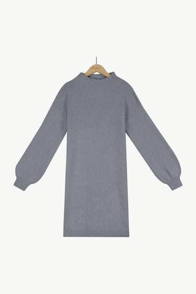 Mock Neck Drop Shoulder Rib-Knit Sweater Dress