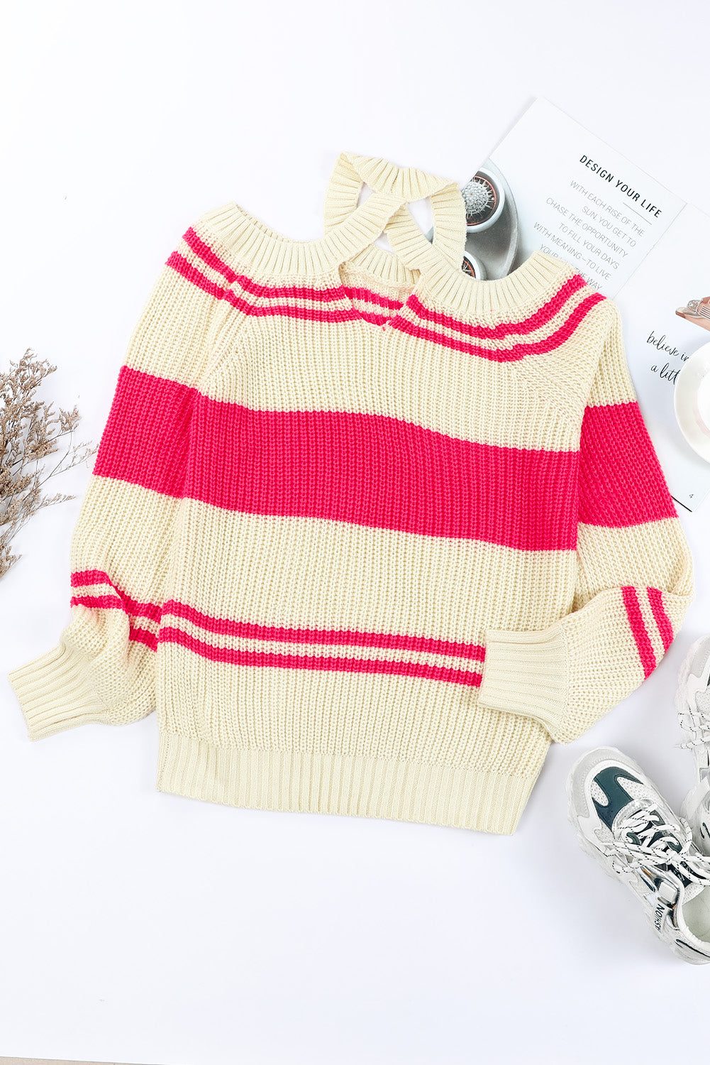 Striped Rib-Knit Cold-Shoulder Sweater