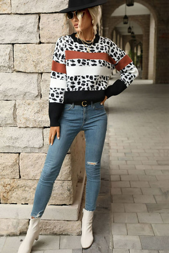 Printed Color Block Round Neck Sweater