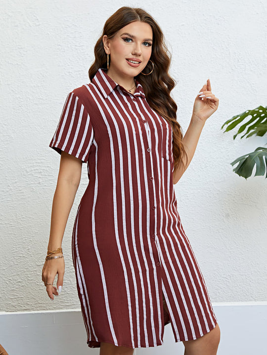 Plus Size Striped Short Sleeve Shirt Dress