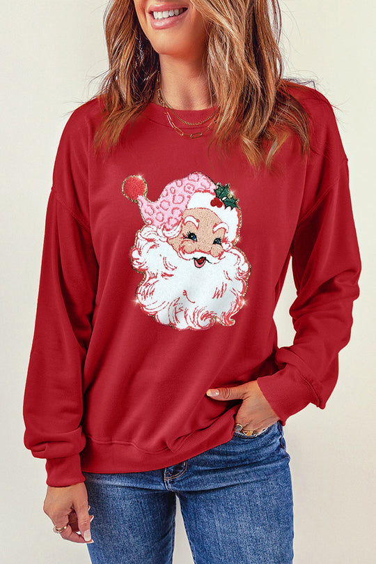 Red Santa Claus Print Drop Shoulder Graphic Sweatshirt