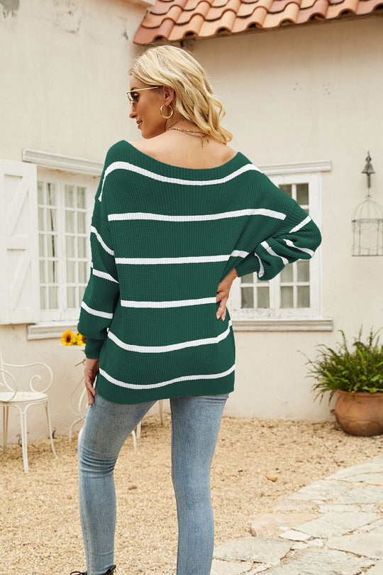 Striped Rib-Knit Off-Shoulder Sweater