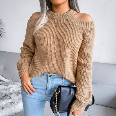 Rib-Knit Cold Shoulder Long Sleeve Sweater
