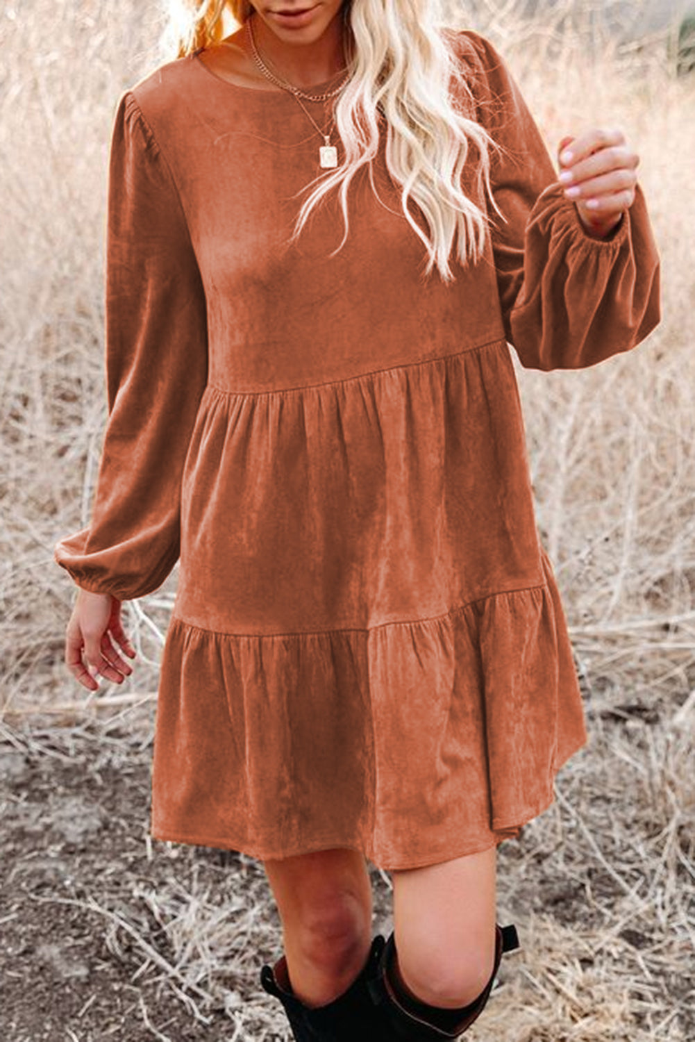 Chestnut Faux Suede Tiered Babydoll Mini Dress