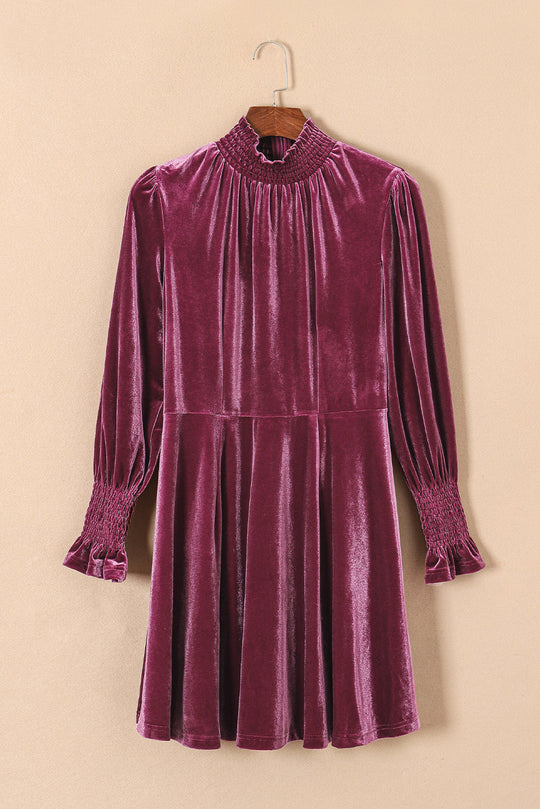 Burgundy Smocked High Neck Flounce Sleeve Velvet Dress
