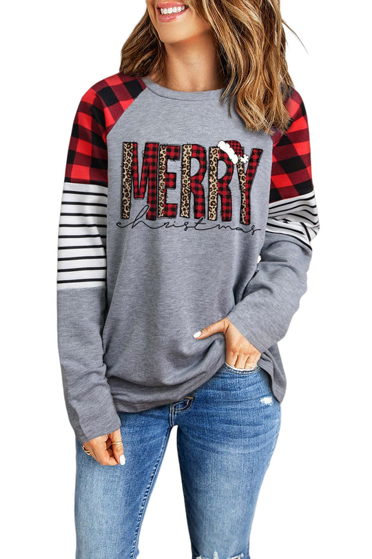 Grey Merry Christmas Striped Plaid Casual Graphic Long Sleeve Sweatshirt