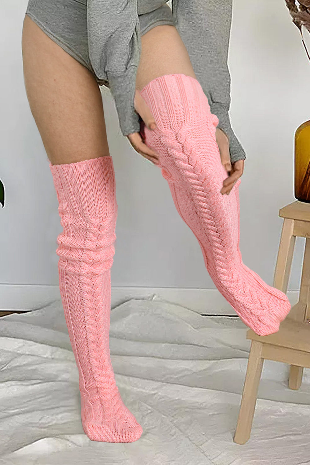 Pink Fishbone Hollowed Knit Over Knee Long Socks
