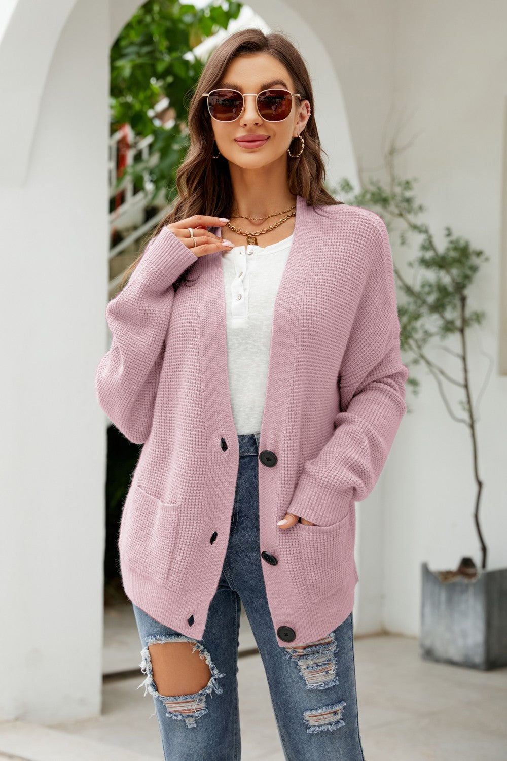 Waffle-Knit Dropped Shoulder Cardigan with Pockets