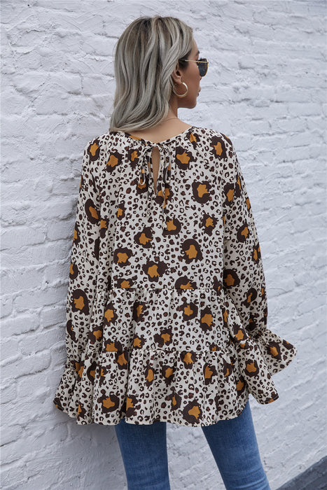 Leopard Round Neck Tiered Flounce Sleeve Blouse