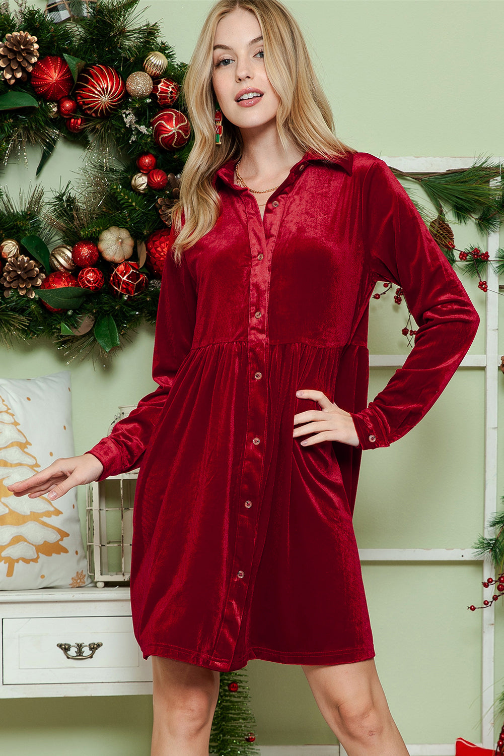 Red Long Sleeve Ruffle Velvet Button Up Shirt Dress