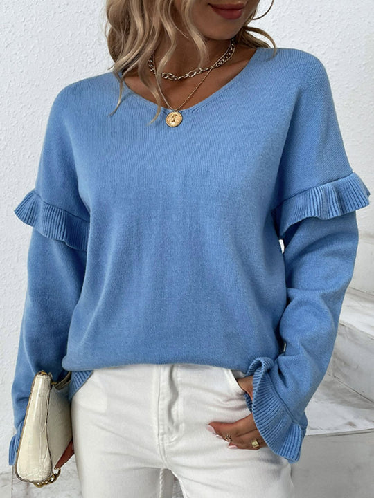 Layered Flounce Sleeve V-Neck Sweater