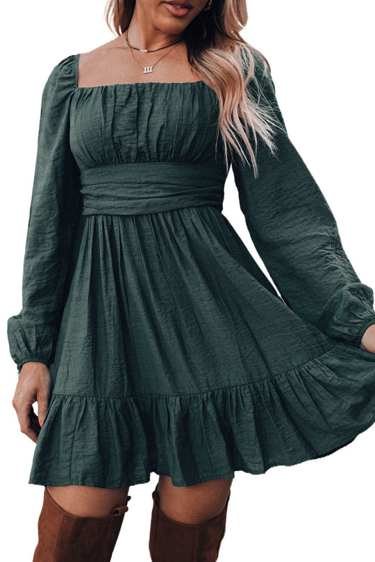 Green Solid Color Flounce Hem A -Line Square Neck Dress