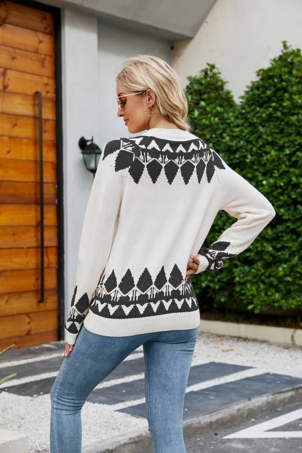 Cozy Vision Printed Raglan Sleeve Ribbed Trim Sweater