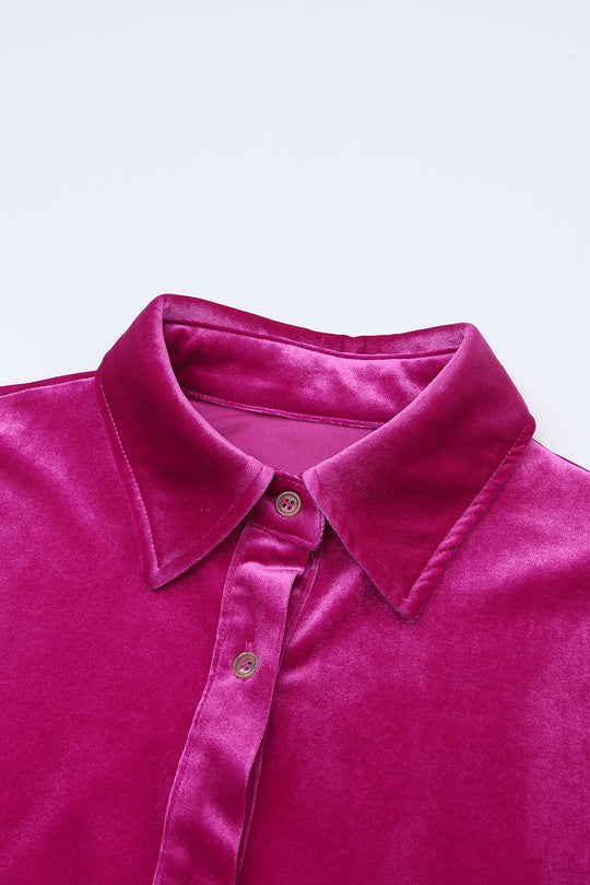Red Long Sleeve Ruffle Velvet Button Up Shirt Dress