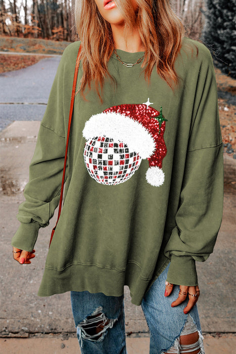 Green Sequined Christmas Hat Split Hem Graphic Sweatshirt