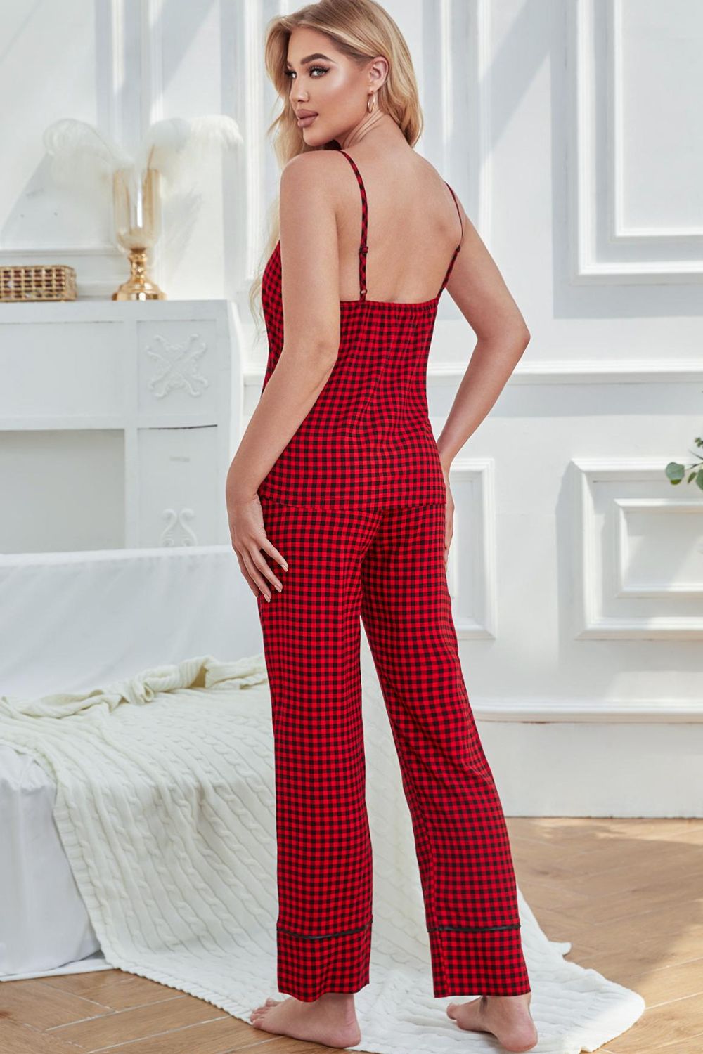 Gingham V-Neck Cami and Tied Pants Lounge Set