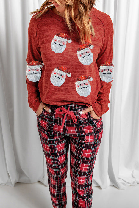 Red Sequined Santa Claus Graphic Top Plaid Pants Lounge Set