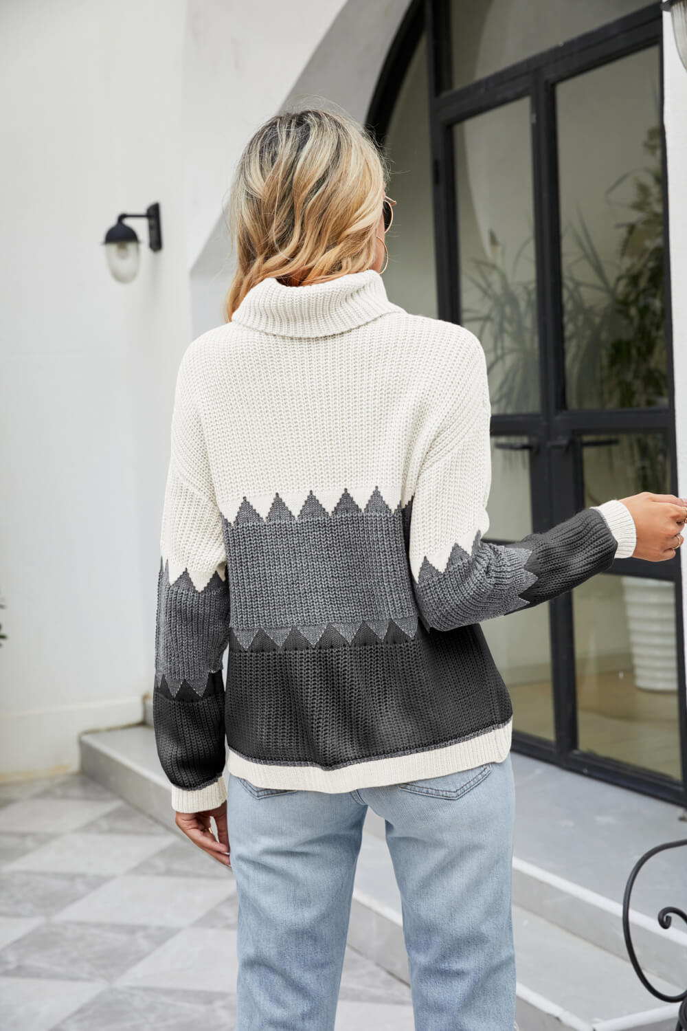 Color Block Rib-Knit Turtleneck Dropped Shoulder Sweater