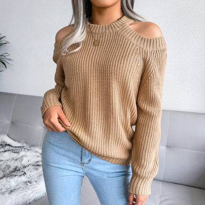 Rib-Knit Cold Shoulder Long Sleeve Sweater