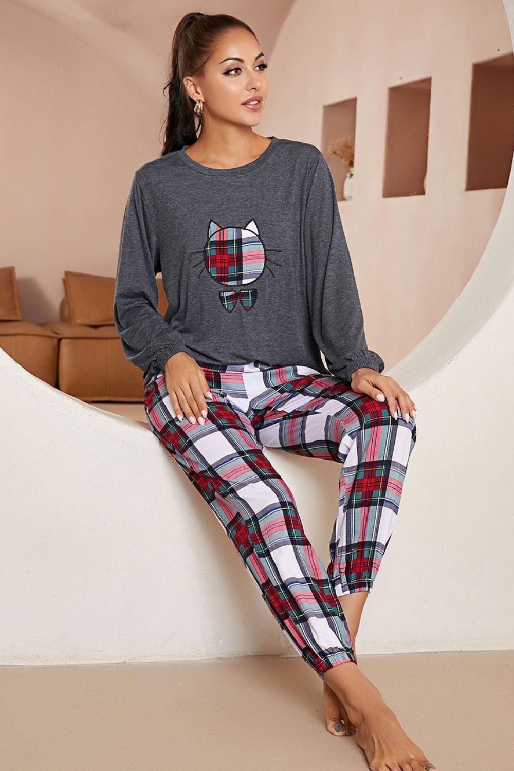 Animal Style Top and Plaid Joggers Lounge Set