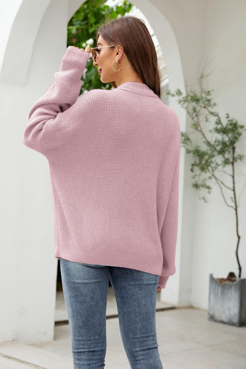Waffle-Knit Dropped Shoulder Cardigan with Pockets