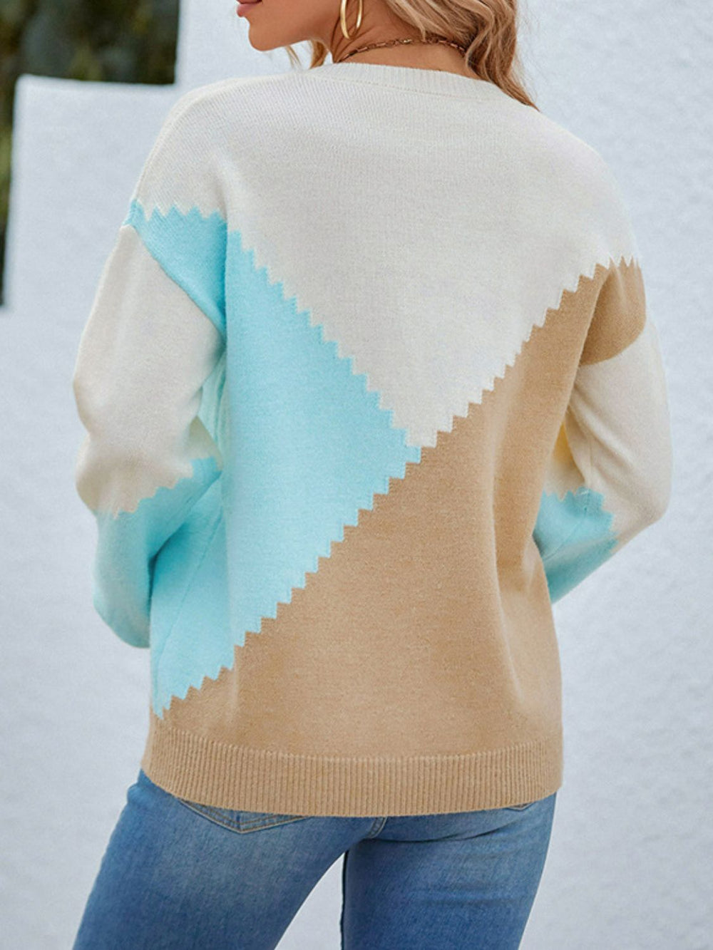 Color Block Round Neck Lantern Sleeve Sweater