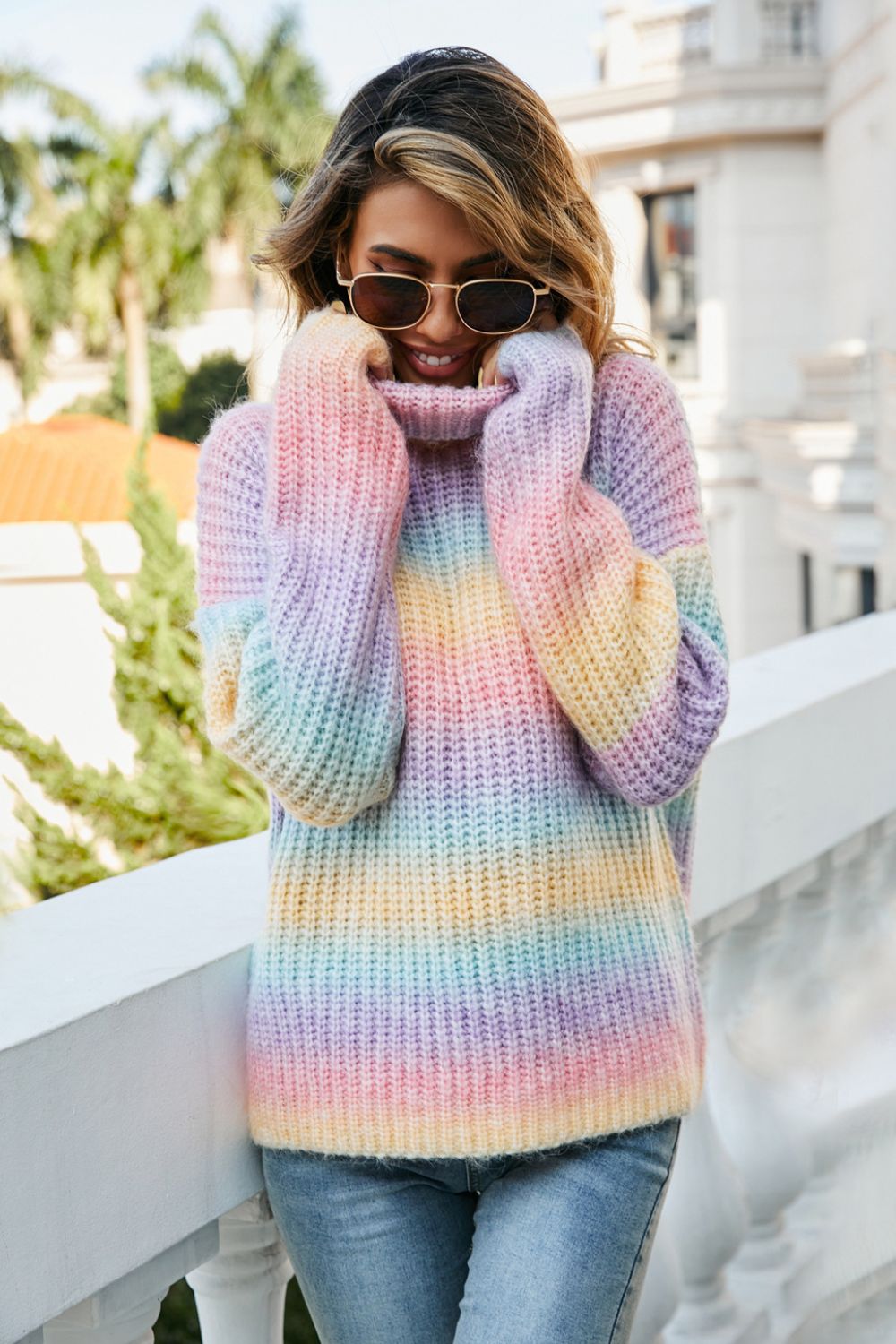 Multicolored Rib-Knit Turtleneck Sweater