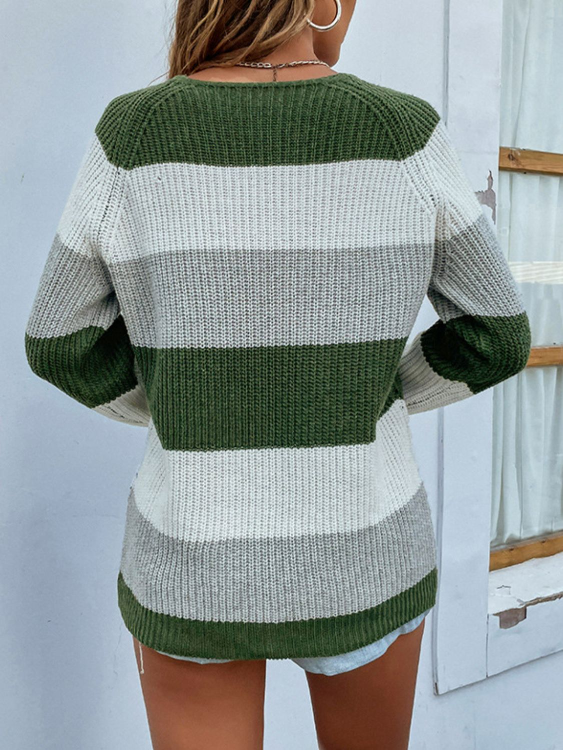 Striped Raglan Sleeve Rib-Knit Sweater
