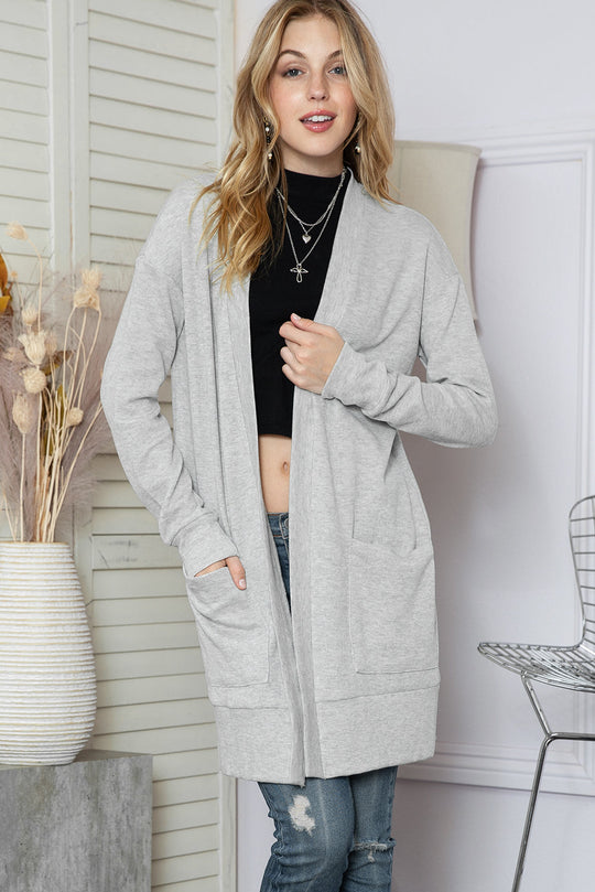 Black Ribbed Knit Pocketed Open Front Long Cardigan
