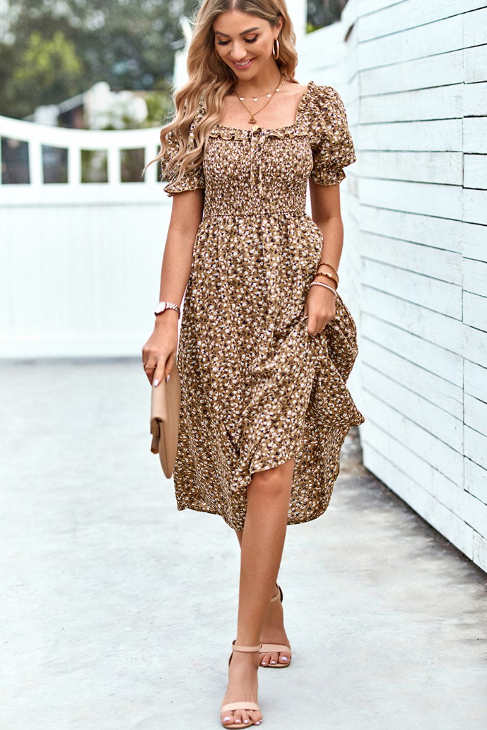 Floral Ruffled Square Neck Dress with Pockets