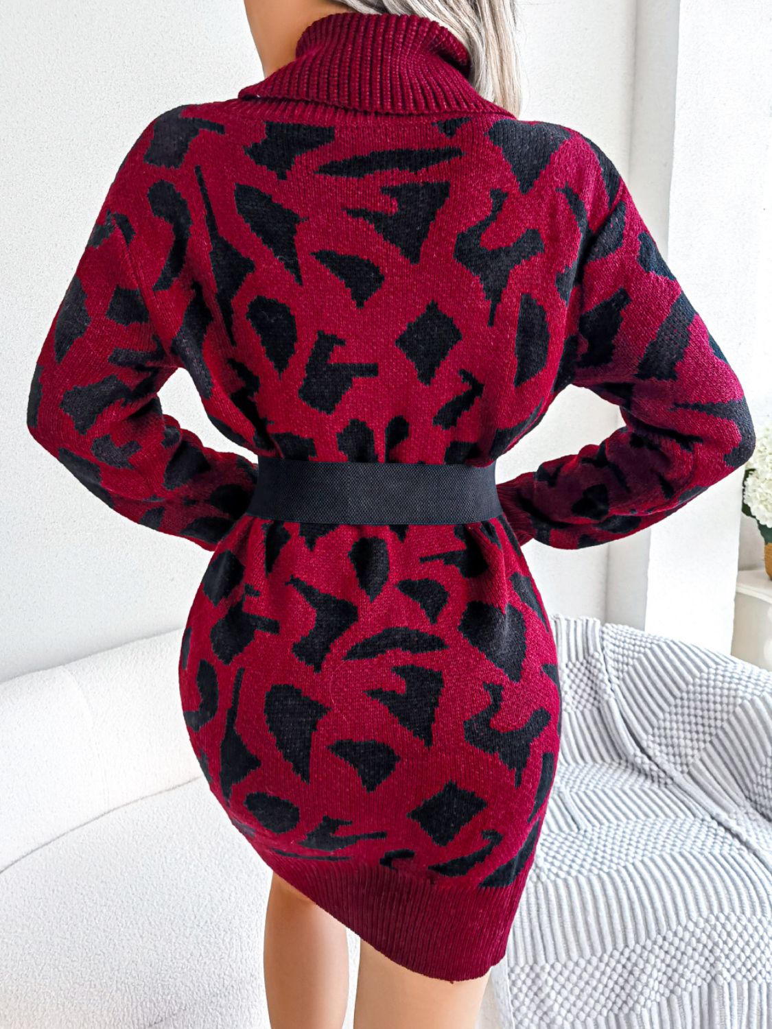 Animal Pattern Cowl Neck Mini Sweater Dress