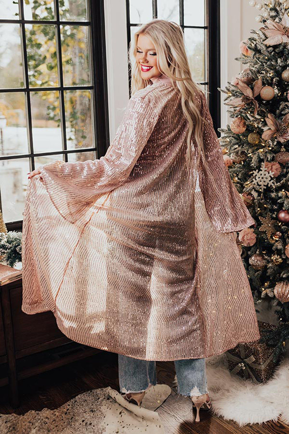 Rose Tan Open Front Long Sequin Bell Sleeves Cardigan