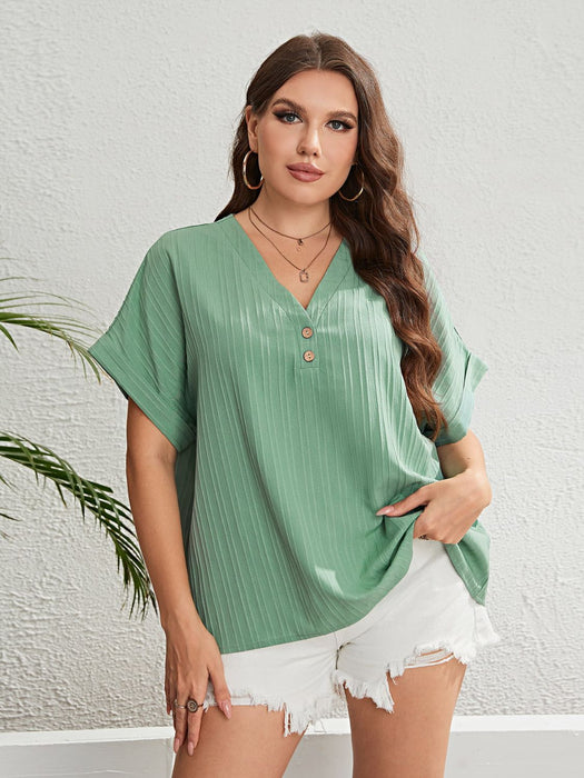 Plus Size Buttoned V-Neck Short Sleeve Top
