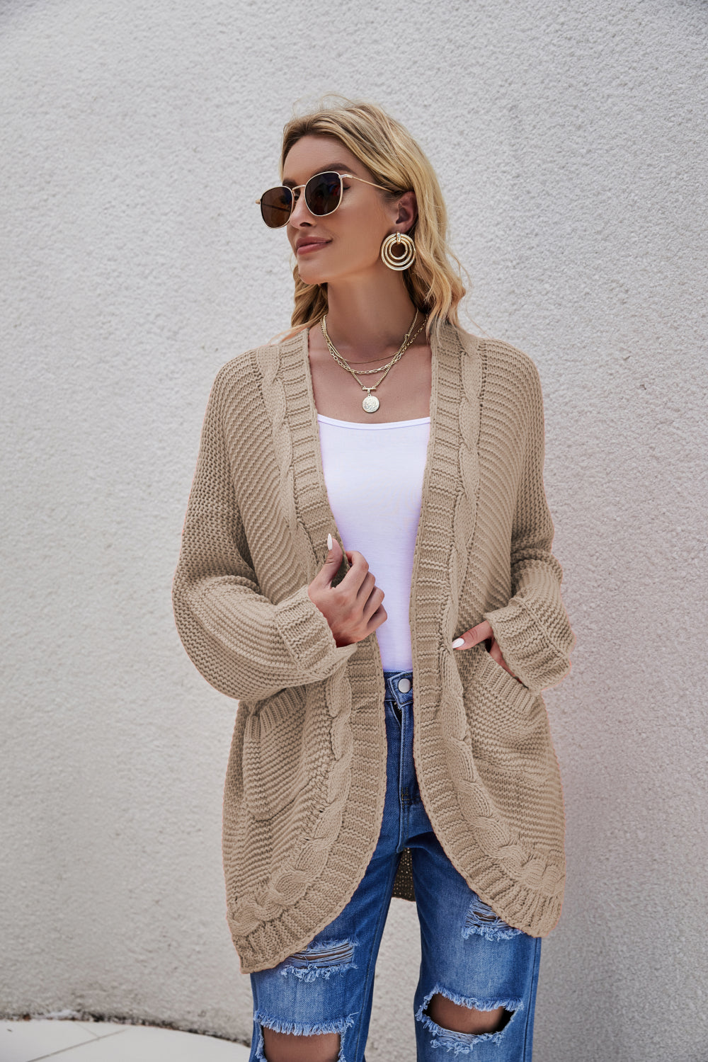 Cable-Knit Curved Hem Open Front Cardigan