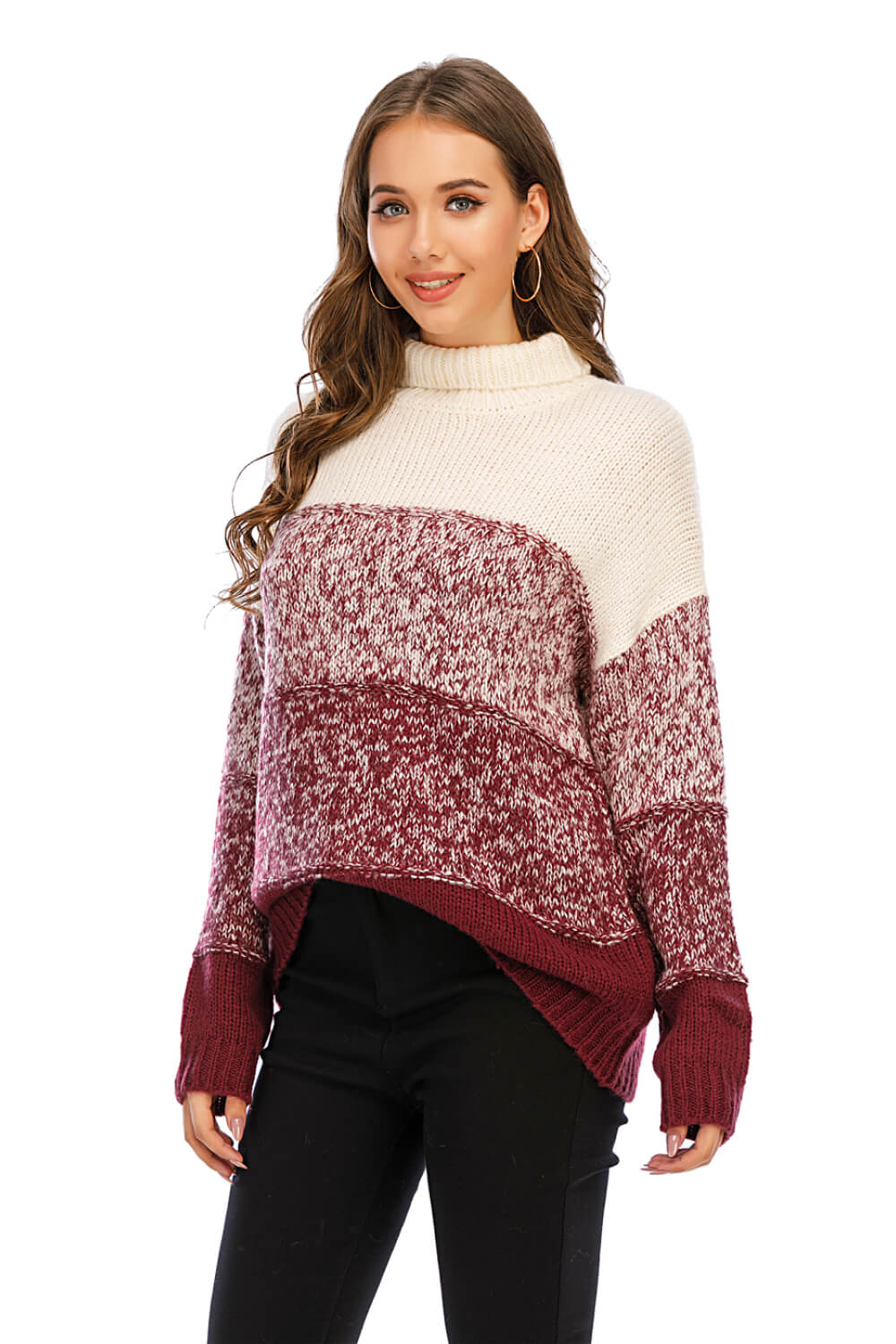 Color Block Turtleneck Knit Pullover