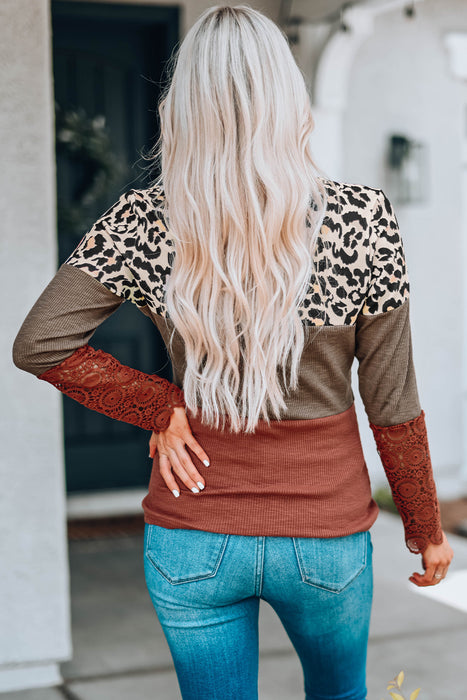 Leopard Print Lace-Up Spliced Lace Top