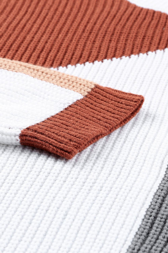 Color Block Round Neck Rib-Knit Drop Shoulder Sweater