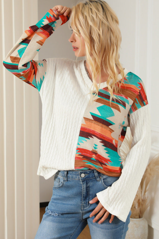 Women's Western patchwork printed knit top