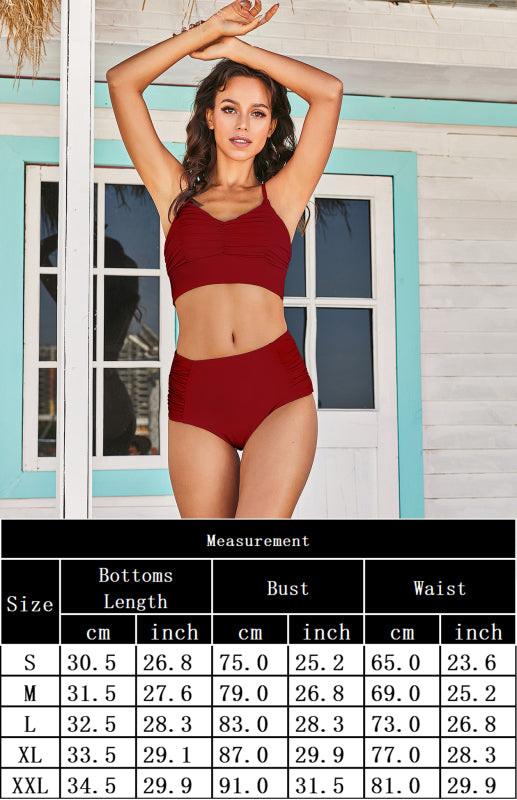 Sexy Stretch Gathered Without Underwire Adjustment Shoulder Strap Top & High Waist Bikini Set