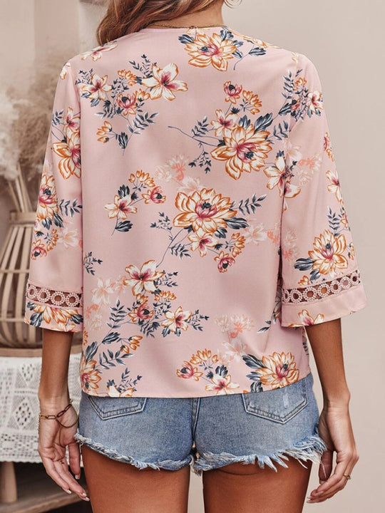 Women's V-neck printed patchwork lace flared sleeve top