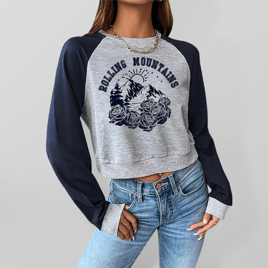 Women's Sports College Style Round Neck Raglan Sleeves Color Block Sweatshirt
