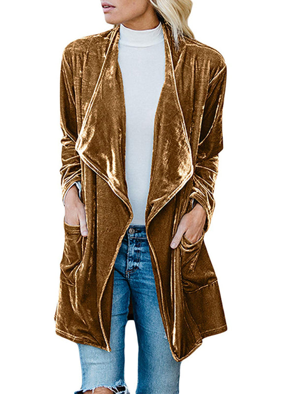 Women's casual gold velvet mid-length trench coat with large lapel