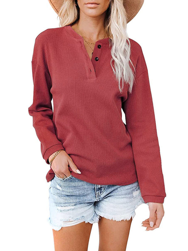 Women's Clothes Amazon Hot Style V-neck Solid Color Long-sleeved Top T-Shirt Women