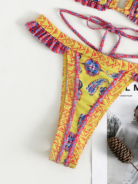 Women's ethnic print halter neck tie bikini