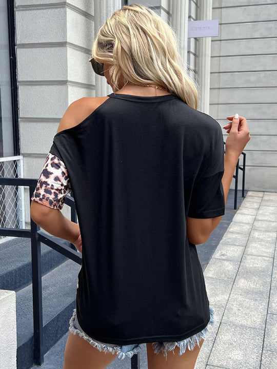 Women's Knitted Round Neck Stitching Leopard Print Off-Shoulder Casual T-Shirt