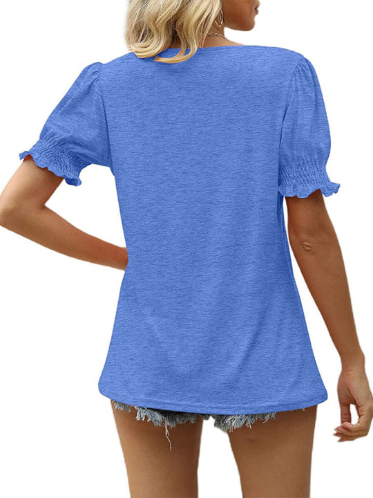 Summer Women's Puff Sleeve Pleated Short Sleeve V Neck T-Shirt