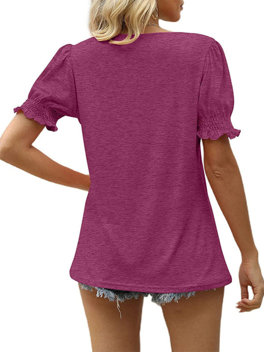 Summer Women's Puff Sleeve Pleated Short Sleeve V Neck T-Shirt