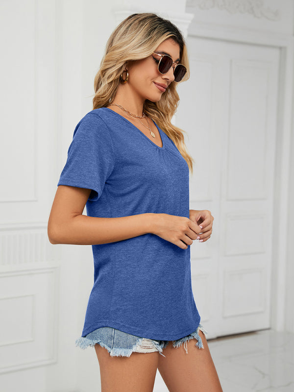 Short Sleeve V Neck Gathered Solid Color Loose T-Shirt Top Ladies