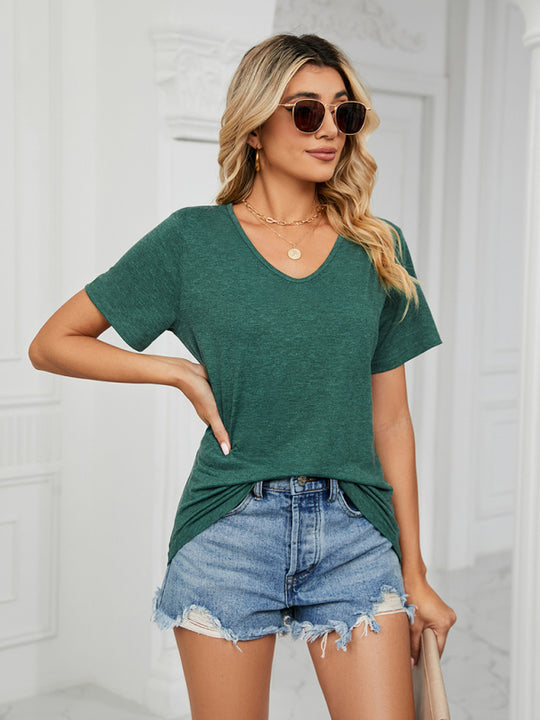 Short Sleeve V Neck Gathered Solid Color Loose T-Shirt Top Ladies