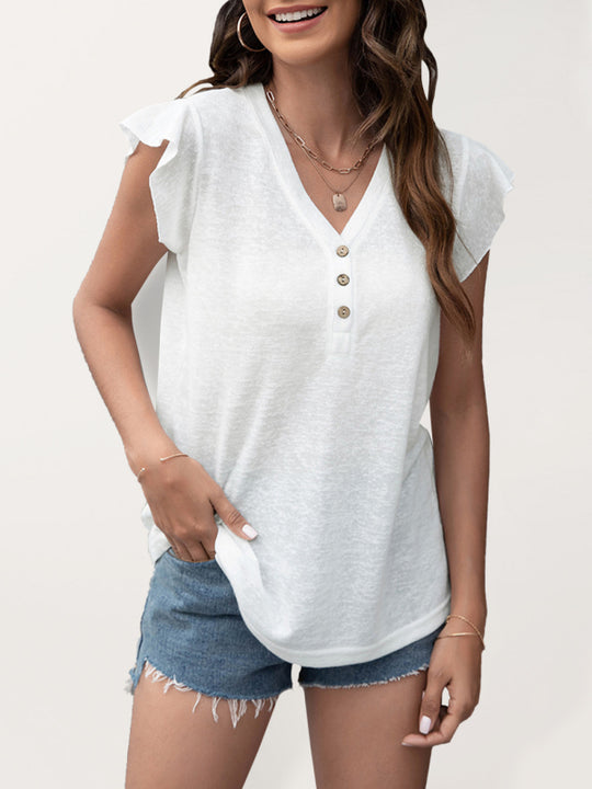 V-neck loose casual button ruffled sleeve top European and American T-shirt
